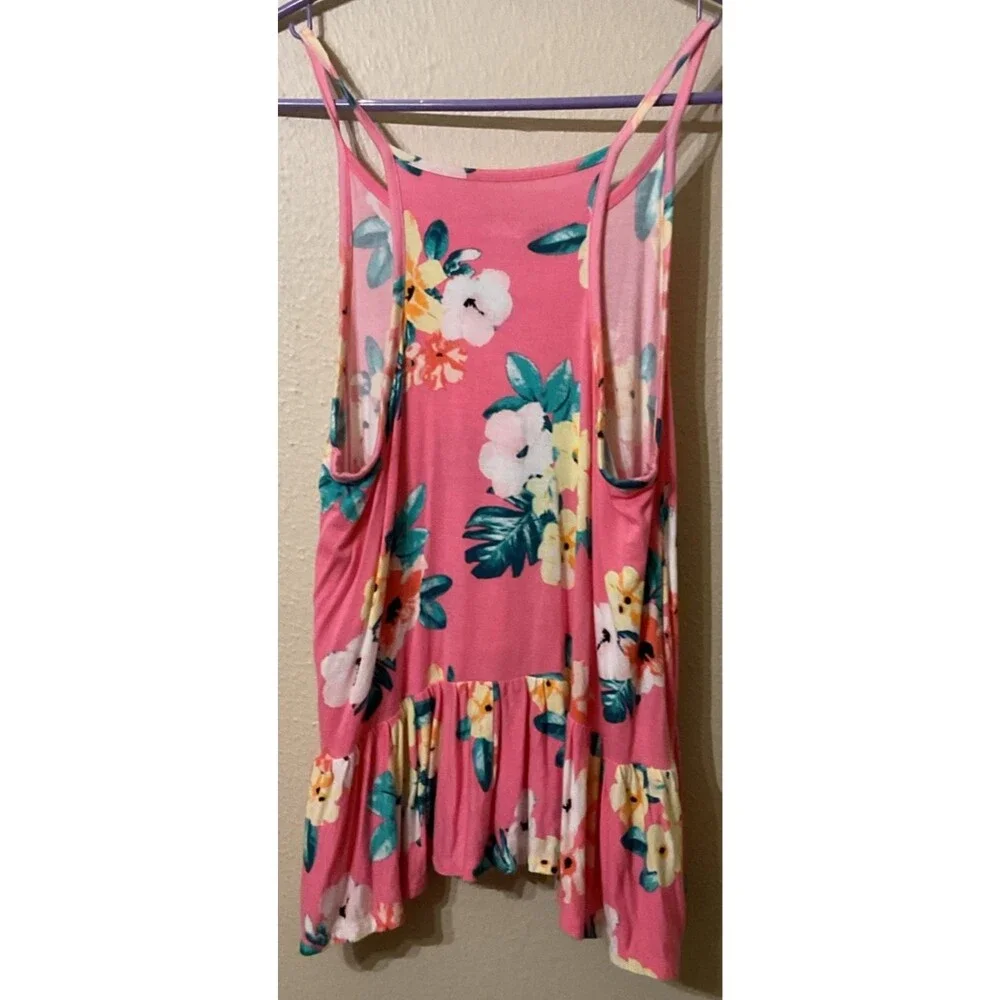 Justice Girls Pink Tropical Floral Flowy Cami Tank Top Ruffle Hem Sz 14/16